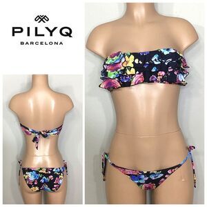 New. Pilyq floral ruffle and string bandeau bikini.